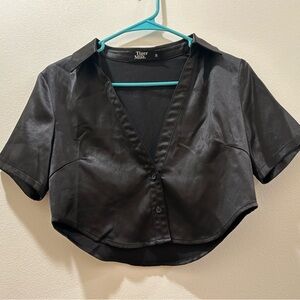 Tiger Mist Satin Black Button-Up Crop Top